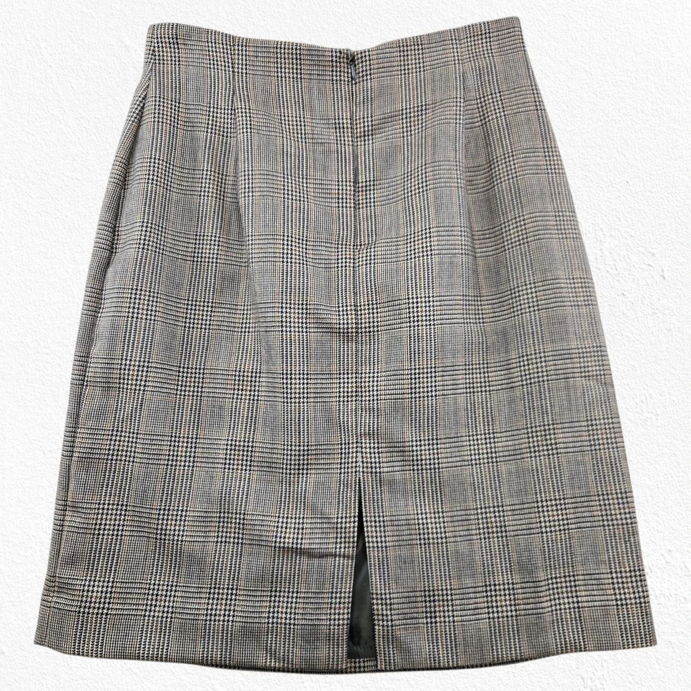 Halston Gray Tan Glen Check Wool Plaid Tailored Straight A-Line Skirt Size 10